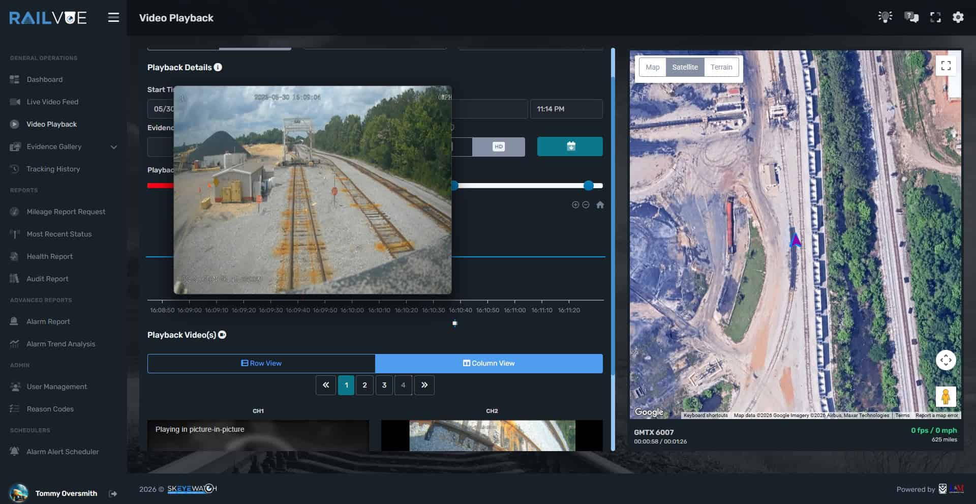 RAILvue cloud portal video playback with GPS-synced satellite map showing locomotive GMTX 6007 location and onboard camera footage